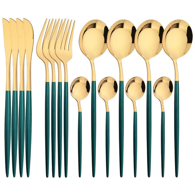 16Pcs Green and Gold Stainless Steel Dinnerware Set – Elegant Flatware Cutlery with Knife, Fork, Spoon, and Teaspoon