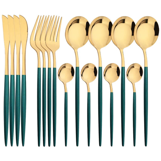 16Pcs Green and Gold Stainless Steel Dinnerware Set – Elegant Flatware Cutlery with Knife, Fork, Spoon, and Teaspoon