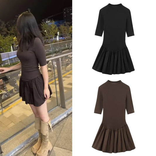 Women's Slim Patchwork Poplin Mini Dress – Short Sleeve Standing Collar Preppy Style Dress for Autumn Winter