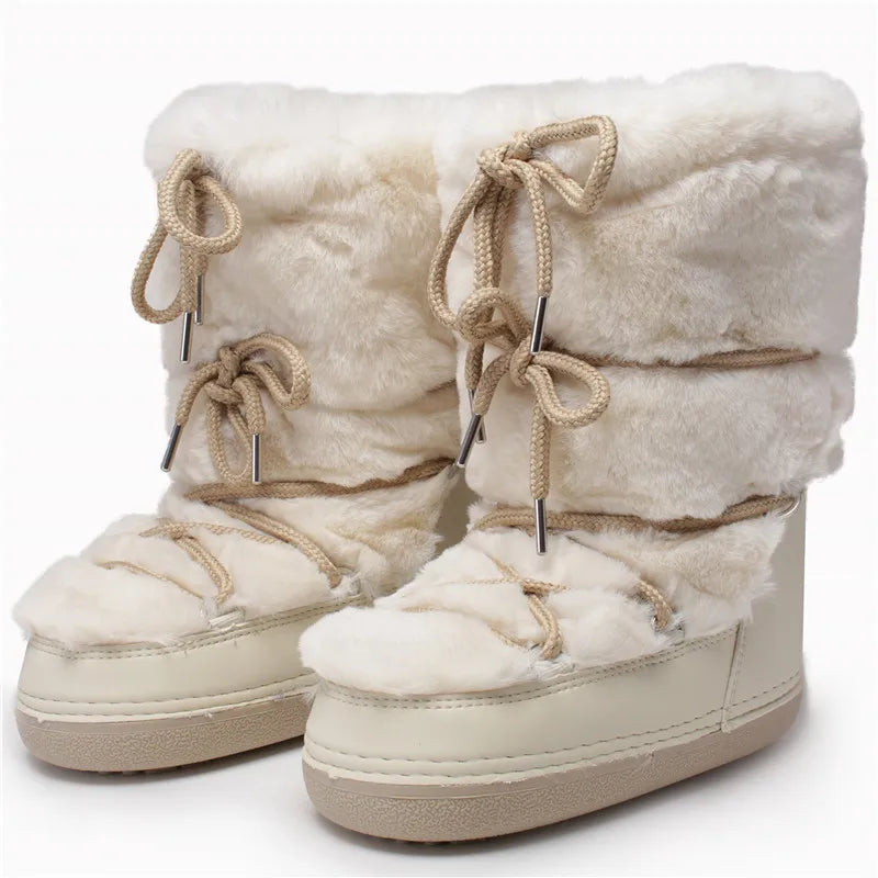 Women's Fluffy Mid-Calf Faux Fur Snow Boots – 2024 Winter Platform Lace-Up Waterproof Ski Boots