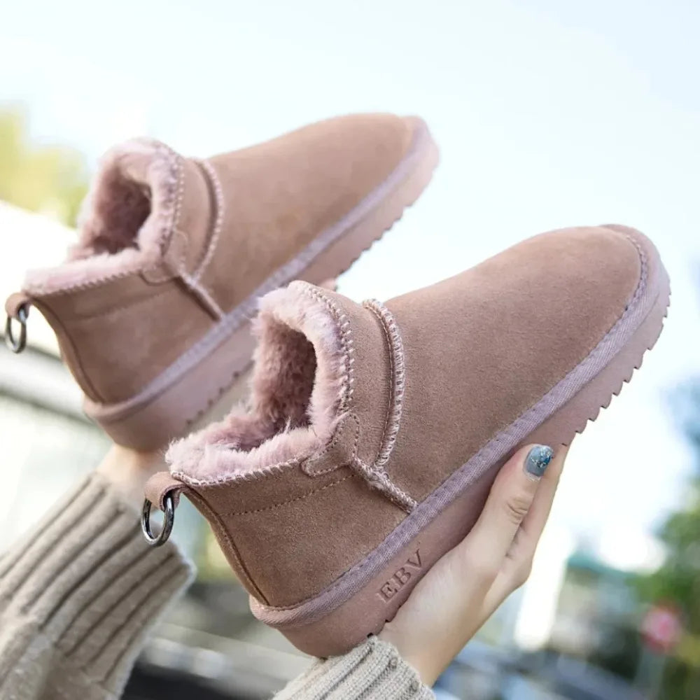 Women's Cow Suede Snow Boots – Short Plush Lined Mid-Calf Winter Boots with Anti-Slip Sole