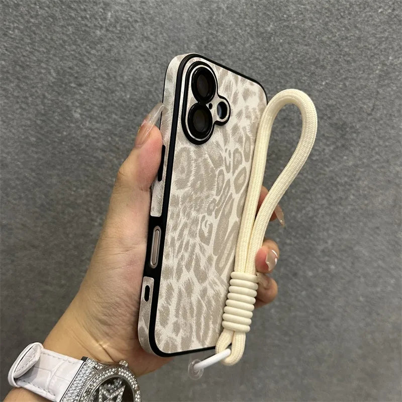 Cartoon Leopard Print Leather Case for iPhone 11/12/13/14/15/16 Series – Matte Cover with Wrist Strap, Lanyard, and Camera Lens Protection