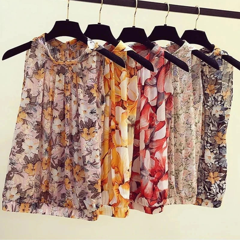 Women's Sleeveless Loose Fit Floral Chiffon Blouse – Orange Print O-Neck Pullover Top for Spring and Summer