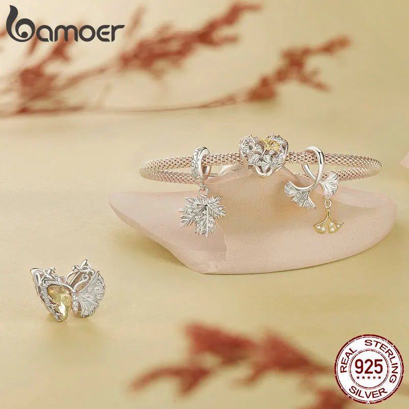 925 Sterling Silver Ginkgo Leaf and Butterfly Heart Charm – Autumn Collection Bead with Zircon for DIY Bracelets