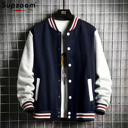 Supzoom Fleece Bomber Jacket for Men – Casual Baseball Uniform Style with Rib Sleeves and Cotton Lining