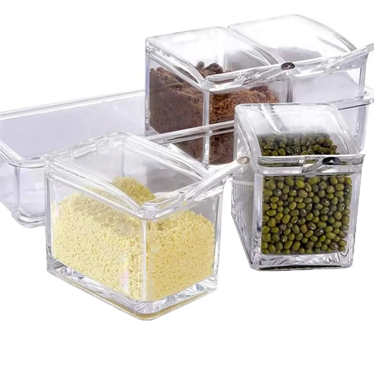 Clear Seasoning Box Set – 4 Crystal Spice Containers with Lids & Spoons, Compact Organizer for Kitchen or Camping