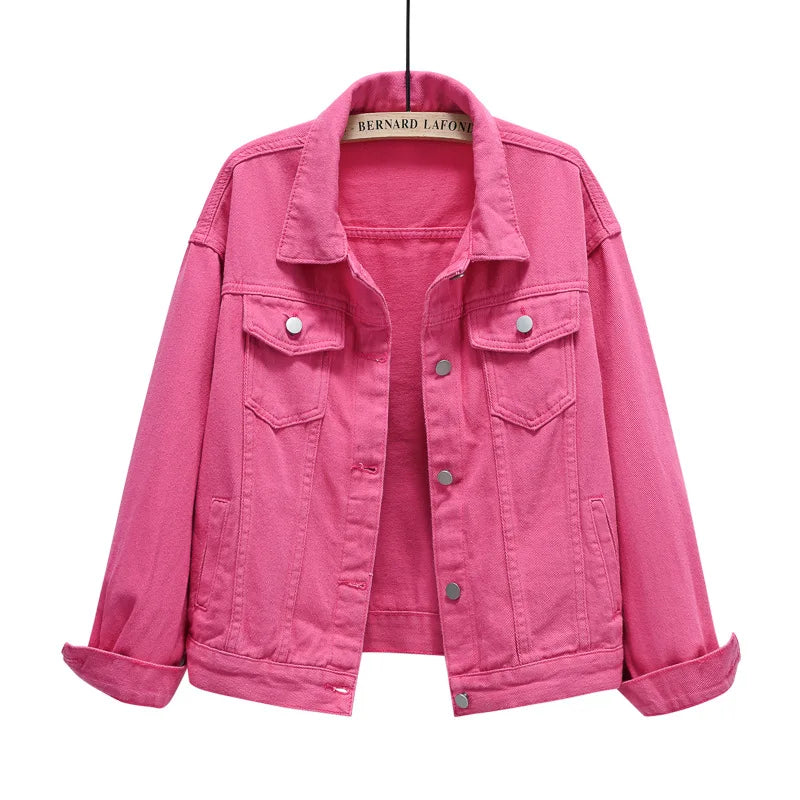 Women's Pure Color Denim Jacket – Lapel Collar Single-Breasted Short Coat with Pockets
