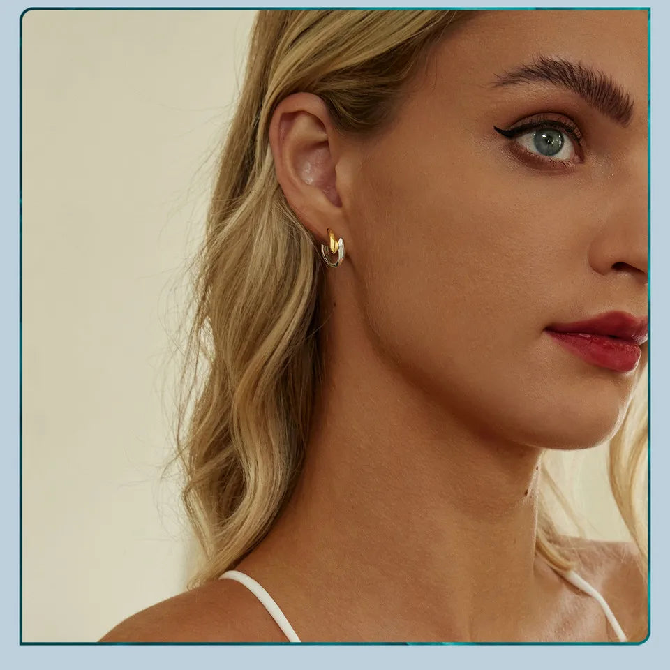 Two-Tone 925 Sterling Silver Classic Hoop Earrings – Hypoallergenic Round Ear Buckles for Women
