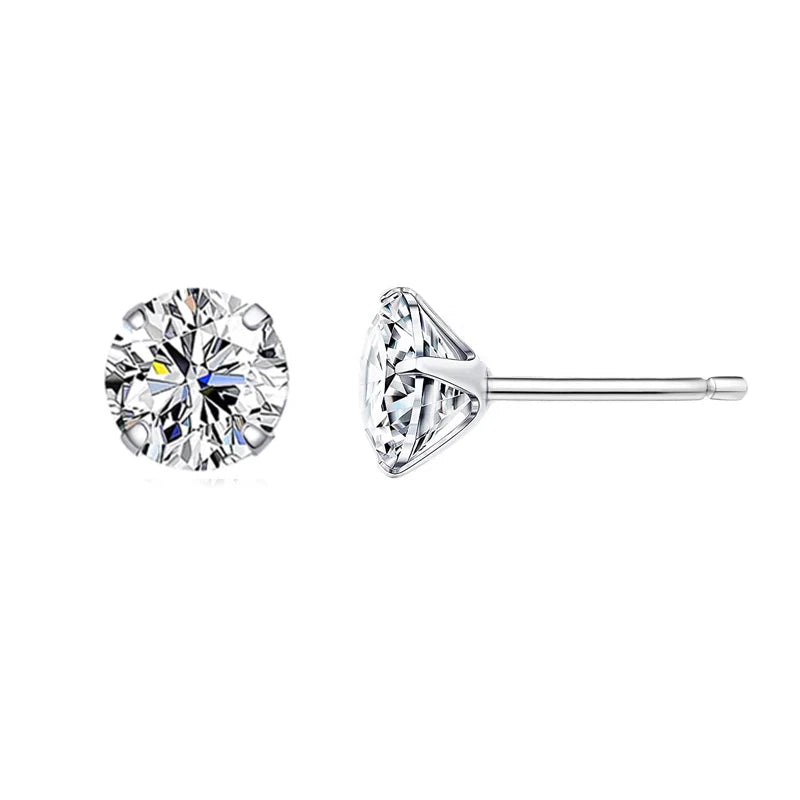 Sterling Silver CZ Stud Earrings – Round Platinum-Plated Hypoallergenic Zirconia in Multiple Sizes (4mm–7mm)
