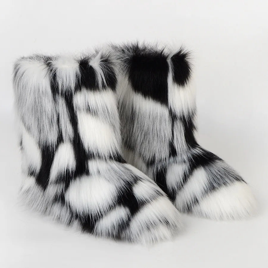 Women's Faux Fur Winter Snow Boots – Fluffy Plush Mid-Calf Slip-On Boots with Flat Sole for Cold Weather Comfort