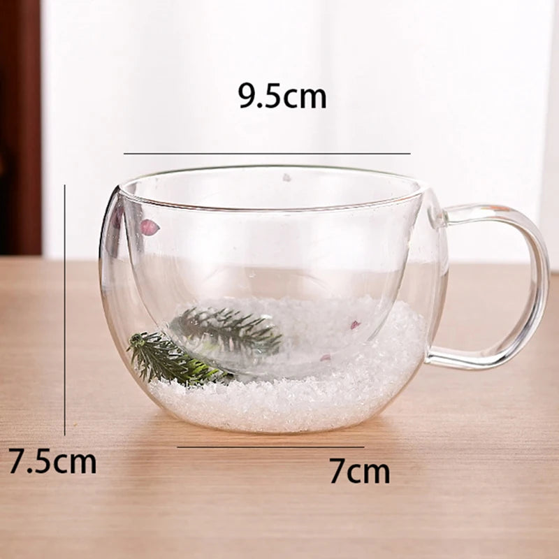 200/350ml Double Wall Glass Christmas Mug – Pine Leaf Snow Scene Coffee Cup, Heat-Insulated Holiday Drinkware