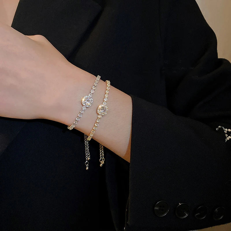 18K Gold Plated Adjustable Bracelet for Women – Rhinestone Heart Link with Square Zircon Charm
