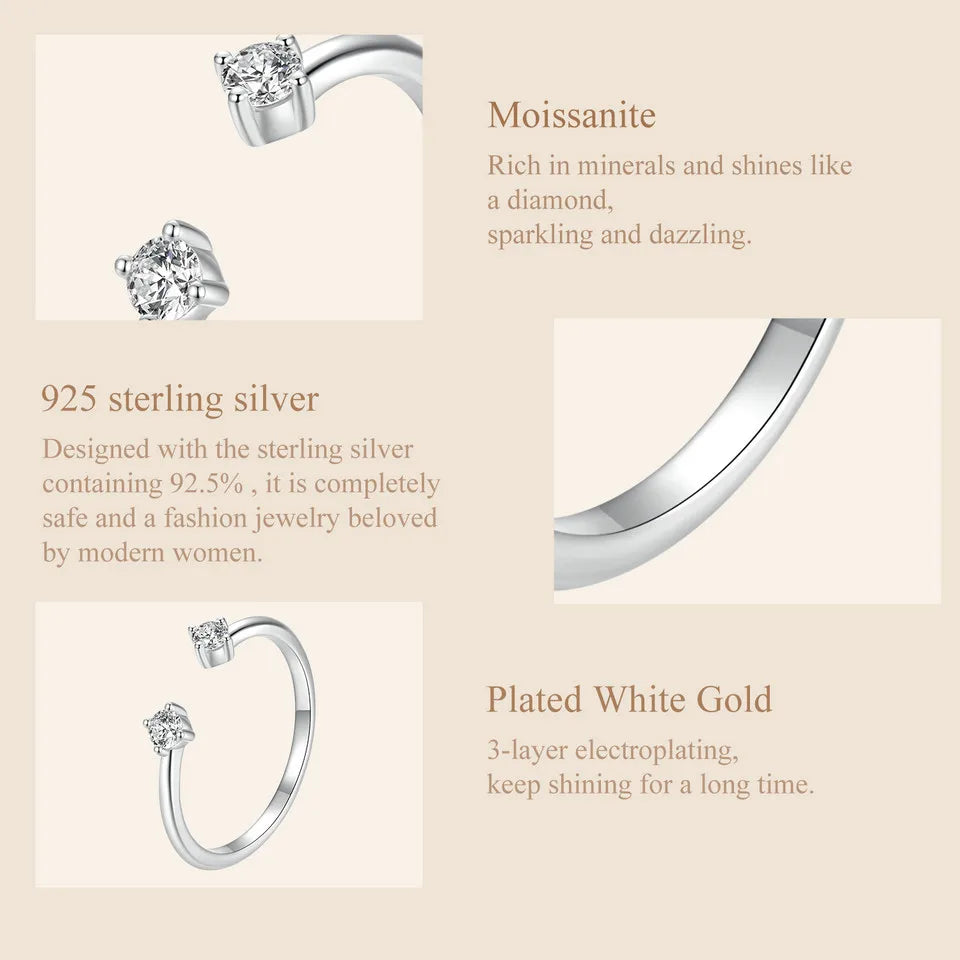 Adjustable Moissanite Open Ring – White Gold Plated 925 Sterling Silver with 0.1CT D Color VVS1 Stone for Women