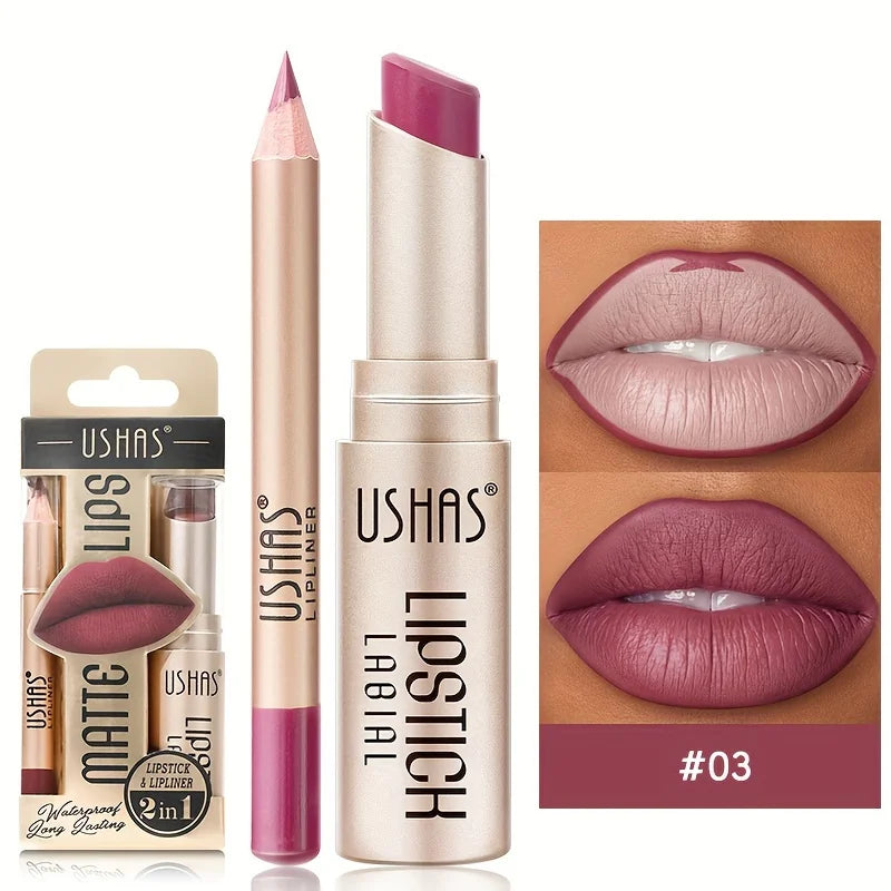 USHAS 12-Color Matte Lipstick & Lip Liner Set – Long-Lasting, Waterproof, Non-Stick Cup Makeup Kit