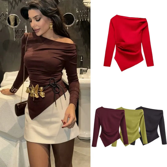 Asymmetrical Pleated Long Sleeve Top – European Style Slim Fit Tee for Women