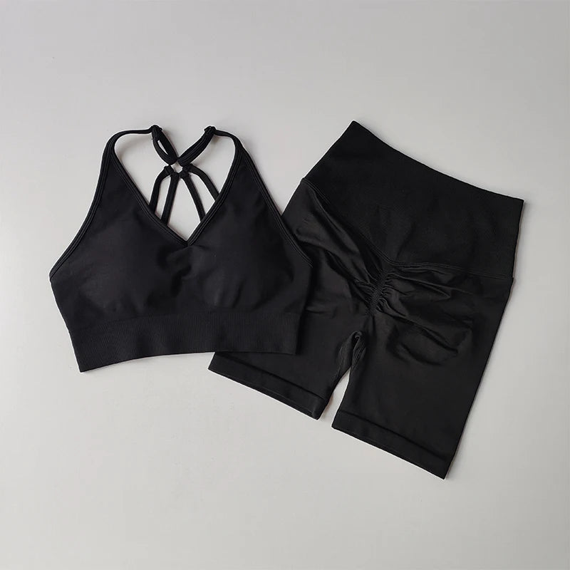 Women's Quick-Dry Yoga Set – High-Waisted Shorts & Beautiful Back Suspender Bra