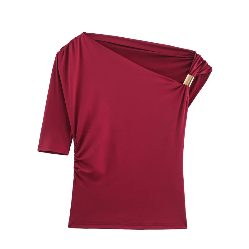 Women's Elegant Asymmetric Off-Shoulder Slim T-Shirt – Sexy Short Sleeve Casual Top for Summer Night Out