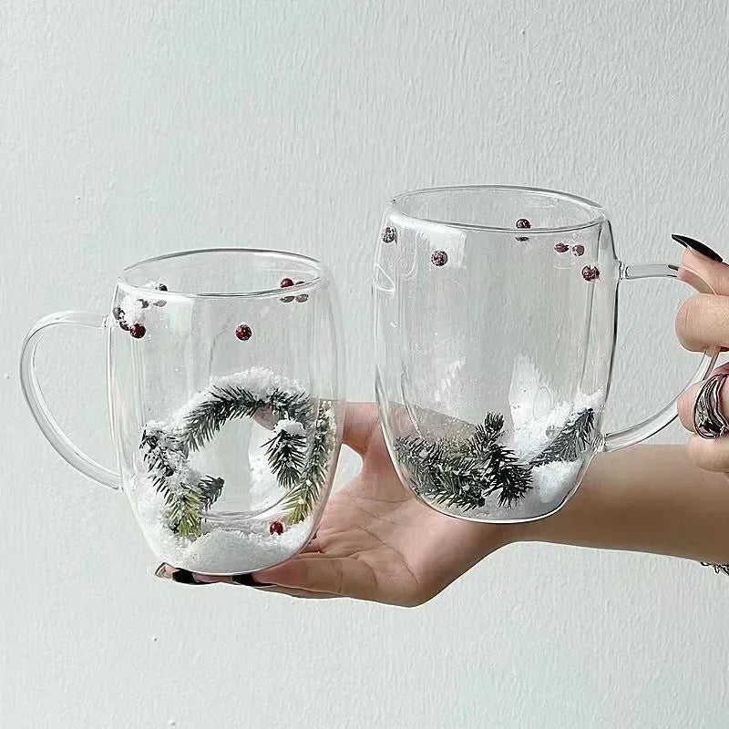 200/350ml Double Wall Glass Christmas Mug – Pine Leaf Snow Scene Coffee Cup, Heat-Insulated Holiday Drinkware