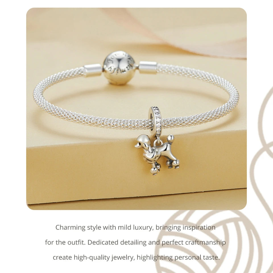 Sterling Silver Dog Charm Bead – Poodle & Dachshund Pendant for Charm Bracelets, DIY Jewelry for Women