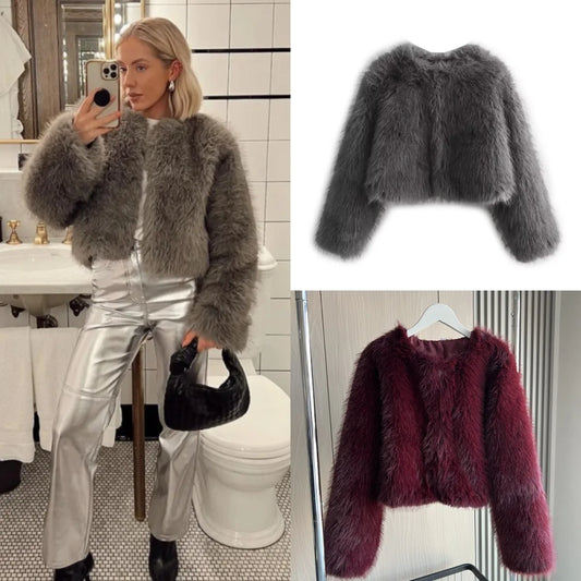 Women's Faux Fur Short Jacket – Round Neck Button-Up Coat for Autumn/Winter