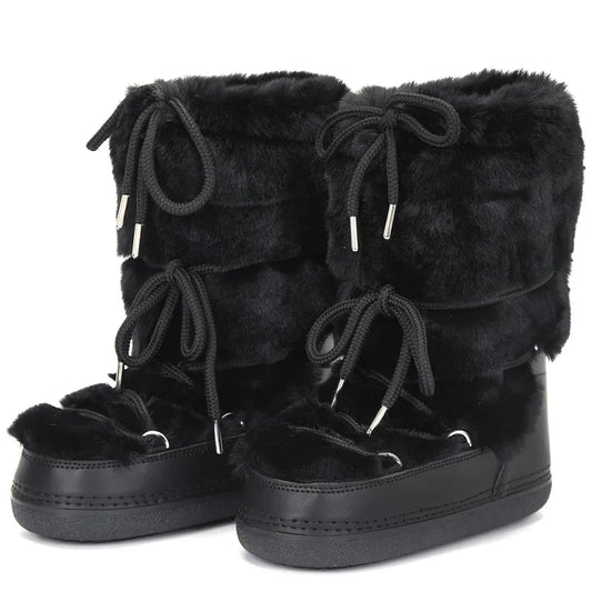 Women's Fluffy Mid-Calf Faux Fur Snow Boots – 2024 Winter Platform Lace-Up Waterproof Ski Boots