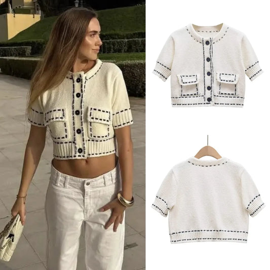 Women's Handmade Knitted Cardigan Coat – Short Sleeve Patchwork Contrast Color Sweater with Pockets