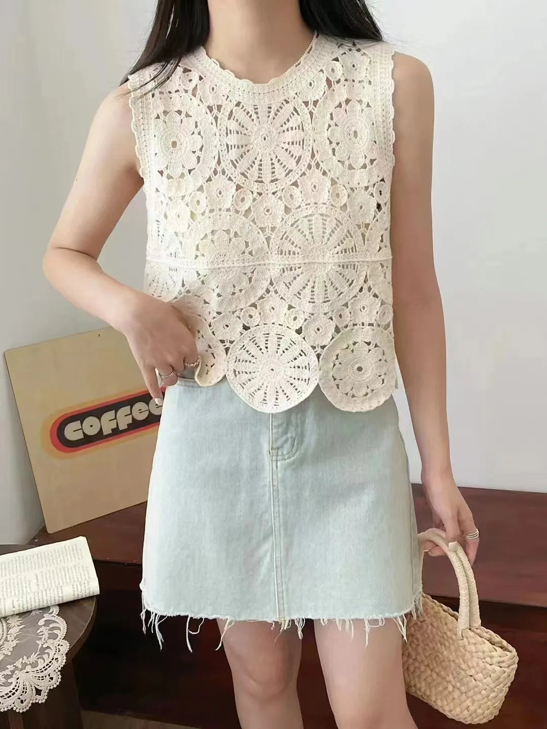 Boho Lace Crochet Crop Top – Sheer Knit Embroidered Tank Blouse for Women, Beachwear Style