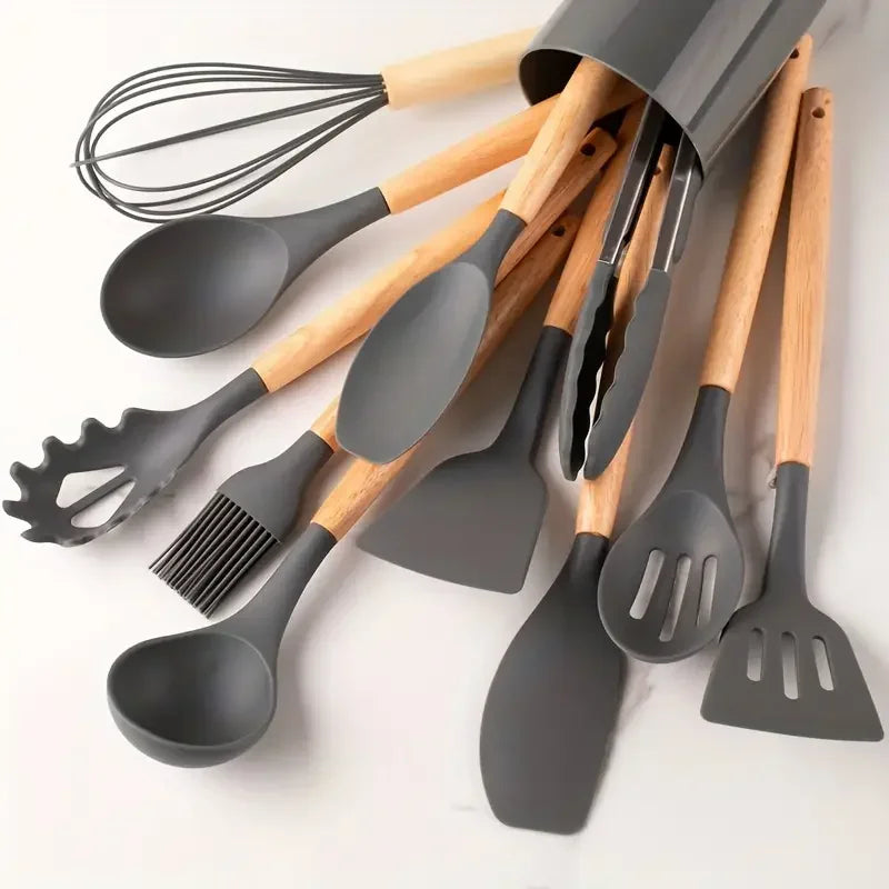 12-Piece Silicone Kitchen Utensil Set – Non-Stick Cooking Tools with Wooden Handles and Heat-Resistant Spatulas & Spoons