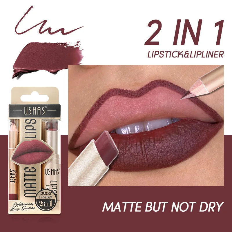 USHAS 12-Color Matte Lipstick & Lip Liner Set – Long-Lasting, Waterproof, Non-Stick Cup Makeup Kit