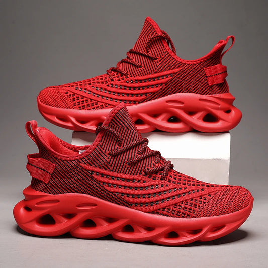 Unisex Red Mesh Running Shoes – Breathable Lightweight Slip-On Sneakers with EVA Cushioning, Flying Weave Gym & Outdoor Footwear for Tennis or Long Distance