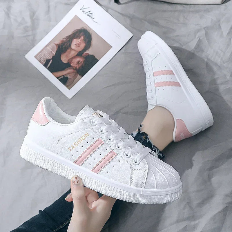 Women’s Luxury Skate Sneakers – Thick-Soled Lace-Up PU Loafers, Gym Sport Casual Shoes with EVA Cushioning for Spring and Autumn