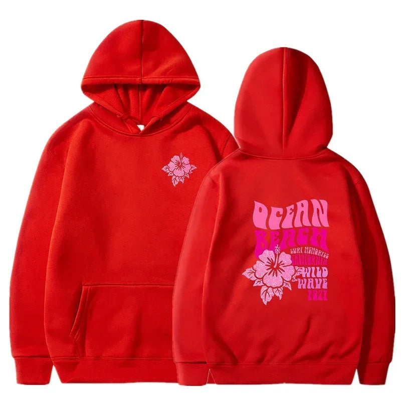 Beach Aesthetic Pink Hoodie with Ocean Flower Slogan – Casual Fleece Pullover Sweatshirt for Women