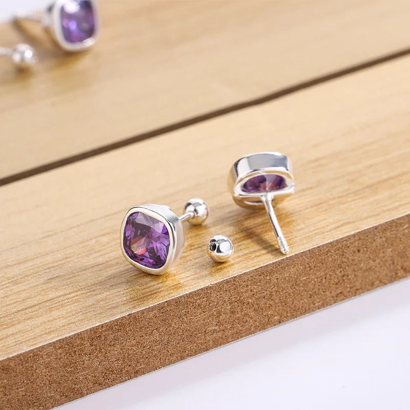 925 Sterling Silver Square Purple Zircon Stud Earrings – Elegant Women’s Piercing Jewelry for Party or Formal Wear