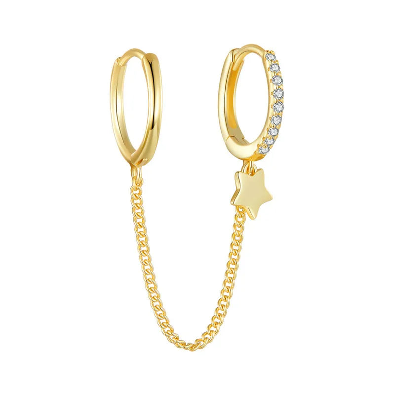 Sterling Silver Mono Double Hoop Chain Earring – Star Statement Design for Women & Teen Girls (Single Piece)