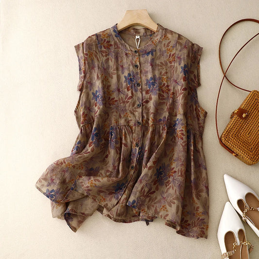 Vintage Floral Linen Blend Sleeveless Blouse – O-Neck Button-Front Spring Top for Women