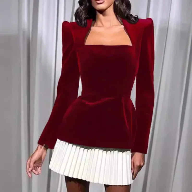 Velvet Spliced Mini Dress – Square Neck Long Sleeve High Waist Elegant A-Line Party Dress for Women Autumn Winter