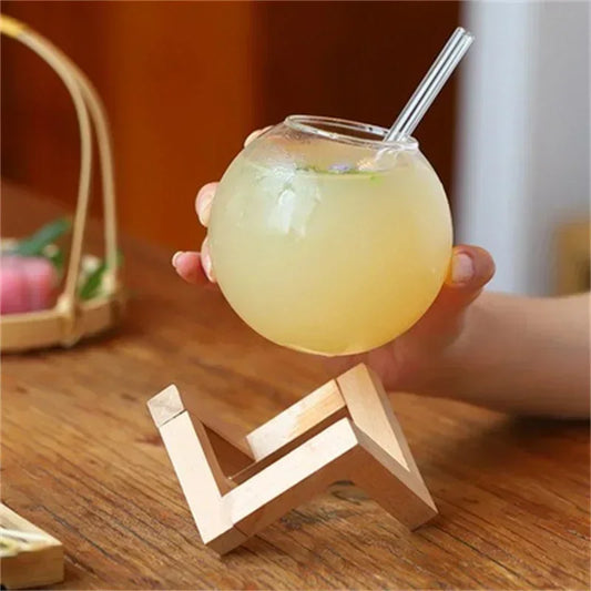 475ml Round Ball Cocktail Glass with Wooden Stand and Straw – Transparent Moon Ball Juice Cup for Holidays, Beach & Parties