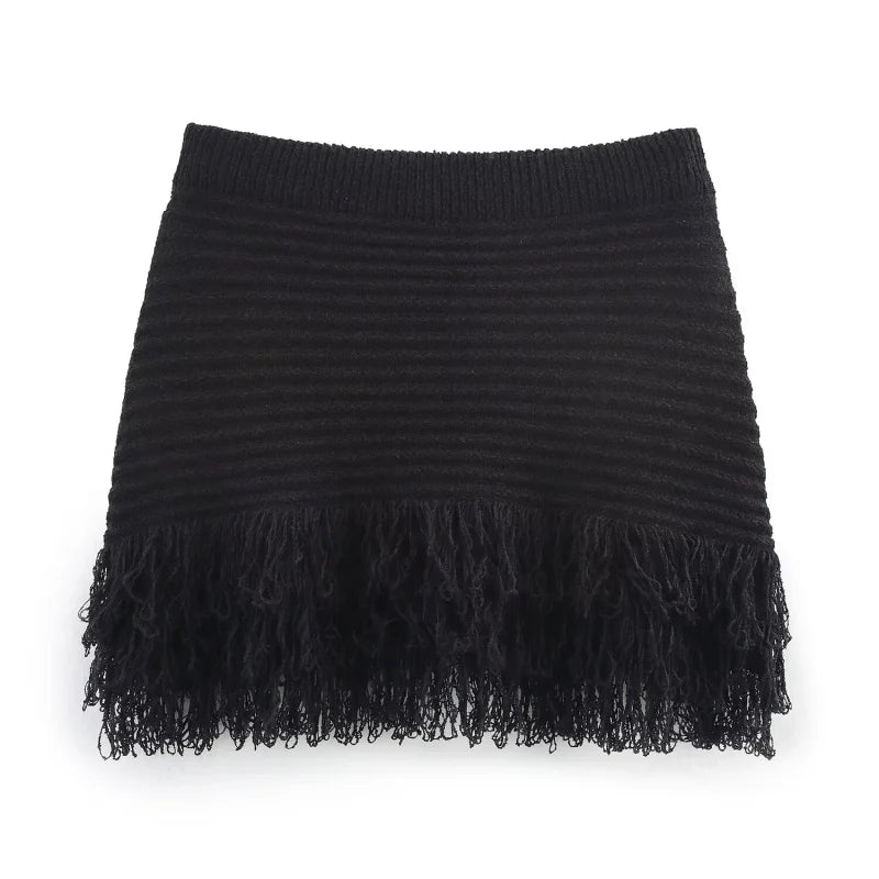 Women's Elegant Knit Two-Piece Set – Tassel Embellished Hollow Out Short Sleeve Blouse & Mini Skirt