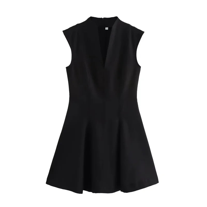 Women's Sleeveless V-Neck Mini Dress – Classic Black Crepe A-Line Party Dress