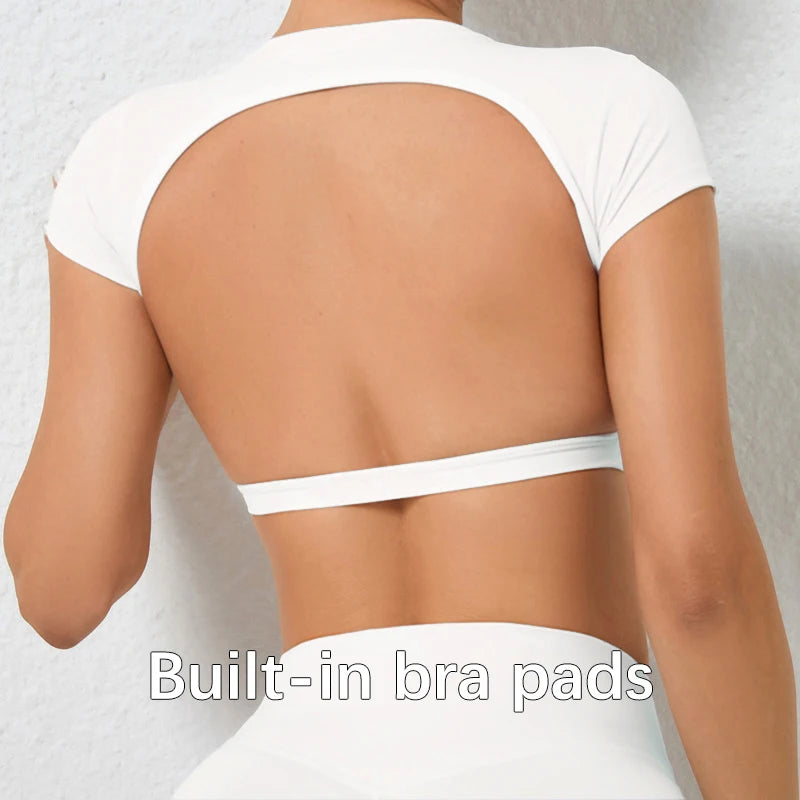 Backless Breathable Workout Crop Top – Short Sleeve Sports Shirt for Women