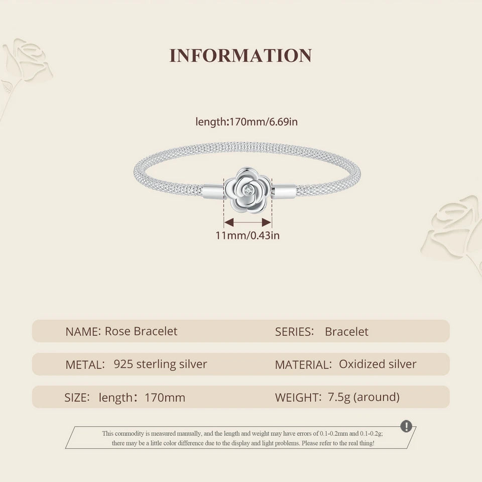 Sterling Silver Rose Buckle Charm Bracelet – 925 Silver Classic DIY Bead Chain for Women, 17CM/19CM/21CM