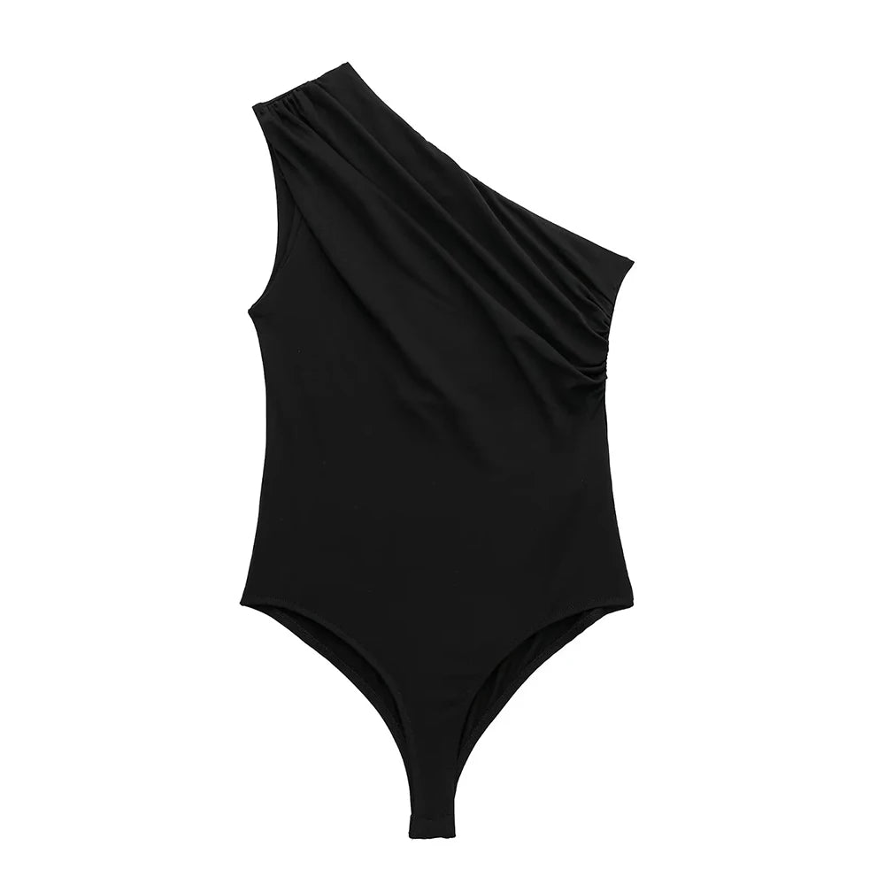 Asymmetric One-Shoulder Bodysuit with Ruched Detail and Snap Closure – Sexy Wide-Strap Clubwear for Women