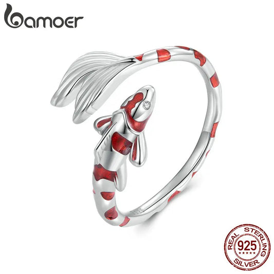 Adjustable Red Koi Fish Ring in 925 Sterling Silver – Lucky Animal Cocktail Ring with Zircon Detail