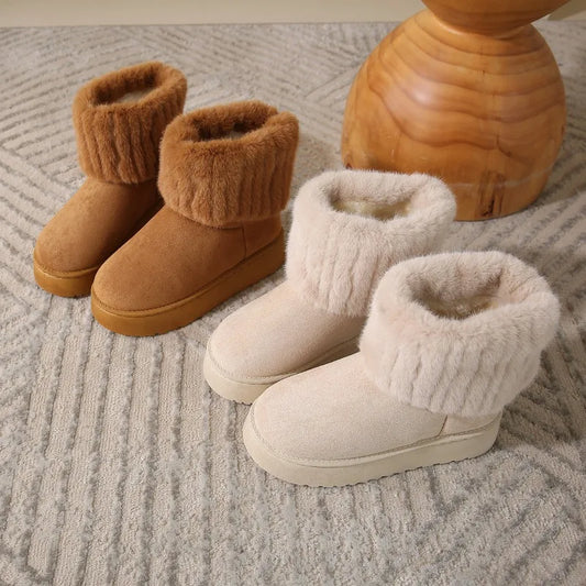 Women's Waterproof Winter Snow Boots – Black Round Toe Flock Mid-Heel Ankle Boots with Plush Lining