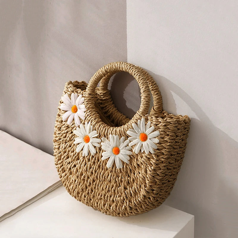 Bohemian Straw Moon Bag – Women's Handmade Woven Beach Shoulder & Crossbody Basket Handbag
