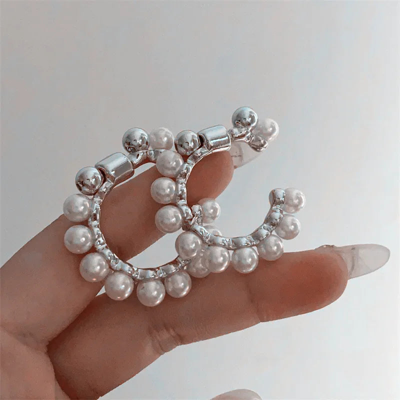 C-Shape Metal Pearl Stud Earrings – Fashionable Irregular Design for Women and Girls