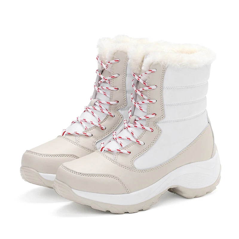 Women's Mid-Calf Winter Boots – Warm Plush Lined Platform Boots with Wedge Heel and Lace-Up Design