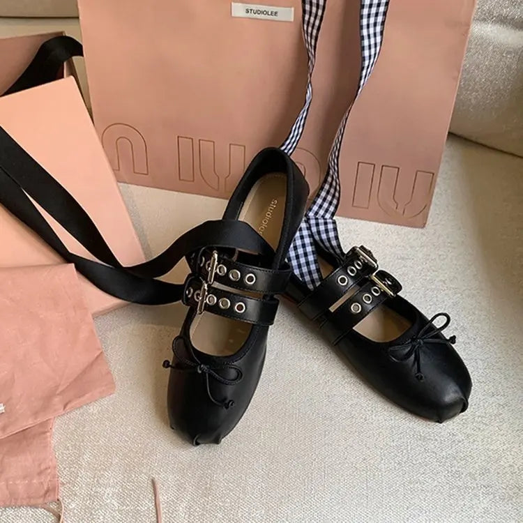 Silk-Inspired Ballet Flats with Butterfly-Knot – Round Toe Lolita Style Flats for Women