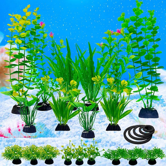 24-Piece Artificial Aquarium Plants Set – Decorative Water Weeds and Grass Blocking Rings for Fish Tank Aquascaping