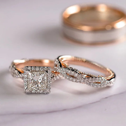 18K Rose Gold Princess Cut Real Diamond Ring – Elegant Bridal Jewelry Set for Women